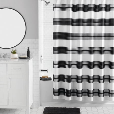 Mainstays 16-Piece Black Stripe Shower Curtain Bathroom Set – Fabric Curtain with Rug, Hooks, Soap Dispenser & Tray