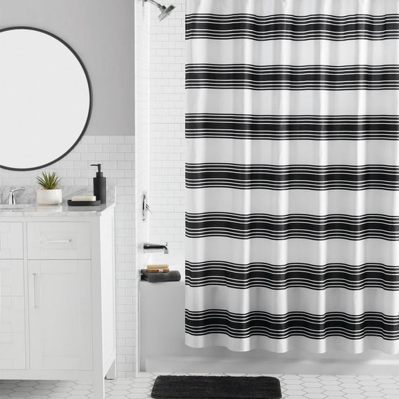 Mainstays 16-Piece Black Stripe Shower Curtain Bathroom Set  Fabric Curtain with Rug, Hooks, Soap Dispenser & Accessories