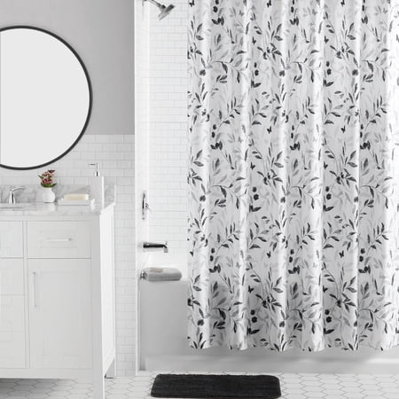 Mainstays 16-Piece Black and White Botanical Shower Curtain Bathroom Set – Fabric Curtain with Rug, Hooks, Soap Dispenser & Tray