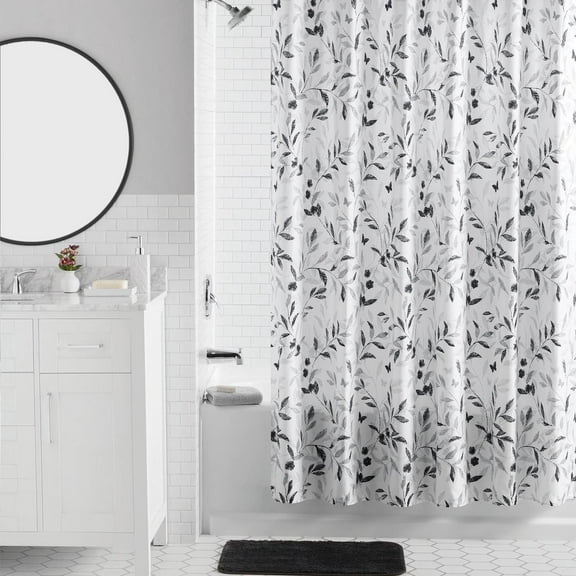 Mainstays 16-Piece Black Botanical Stripe Shower Curtain Bathroom Set  Black Fabric Curtain with Rug, Hooks, Soap Dispenser & Accessories