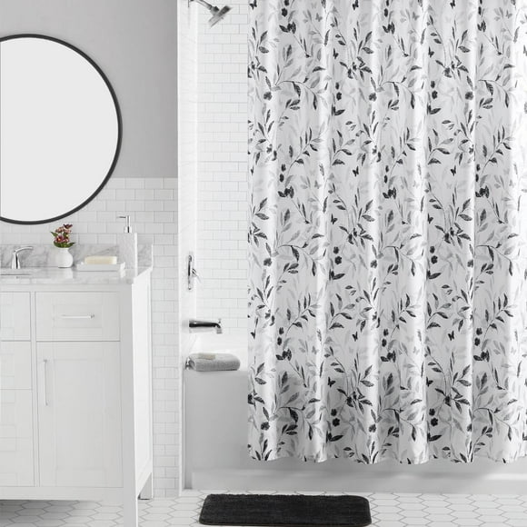 Mainstays 16-Piece Black Botanical Stripe Shower Curtain Bathroom Set Black Fabric Curtain with Rug, Hooks, Soap Dispenser & Accessories