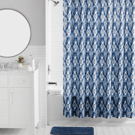 Mainstays 16-Piece Blue Ikat Shower Curtain Bathroom Set – Fabric Curtain with Rug, Hooks, Soap Dispenser & Tray