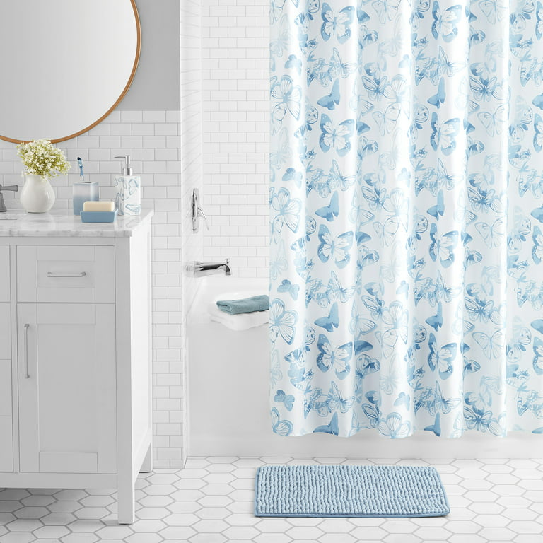 Mainstays 17-Piece Butterfly Polyester/Ceramic Shower Curtain & Bathroom  Accessory Set, Blue & White