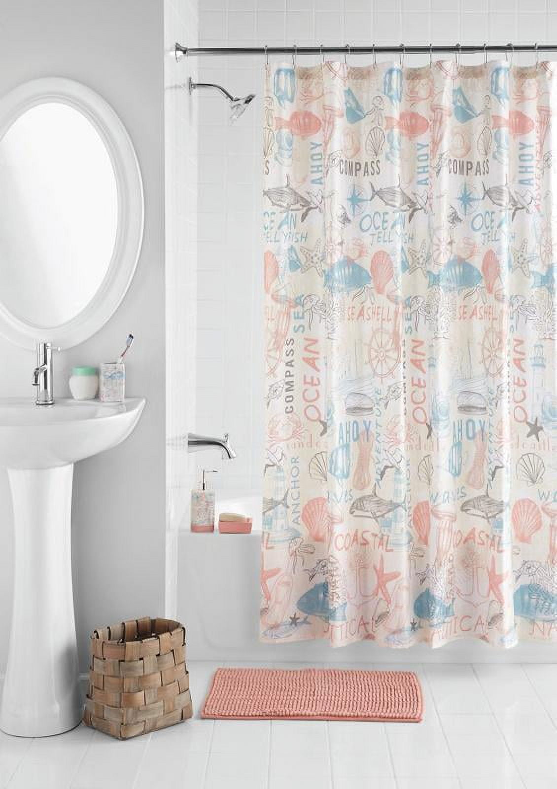 Mainstays 17-Piece Coastal Polyester/Ceramic Shower Curtain & Shower Curtain & Bathroom Accessory Set, White and Pink