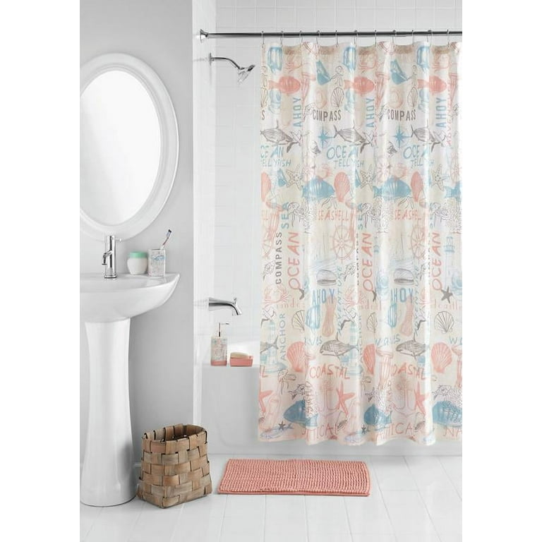 Mainstays 17-Piece Coastal Polyester/Ceramic Shower Curtain & Shower  Curtain & Bathroom Accessory Set, White and Pink