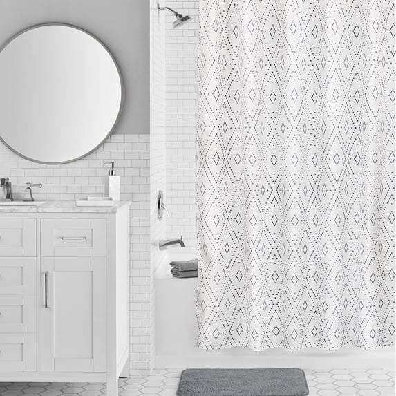 Mainstays 16-Piece White Diamond Pattern Shower Curtain Bathroom Set – Fabric Curtain with Rug, Hooks, Soap Dispenser & Tray