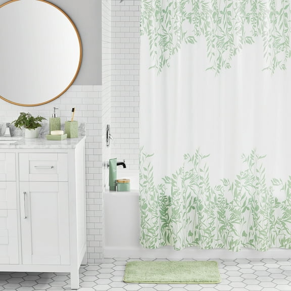 Mainstays 17-Piece Floral Polyester/Ceramic Shower Curtain & Bathroom Accessory Set, Green & White