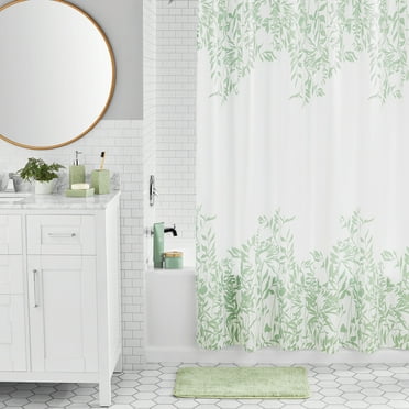 Mainstays 17-Piece Floral Polyester/Ceramic Shower Curtain & Bathroom Accessory Set, Green & White
