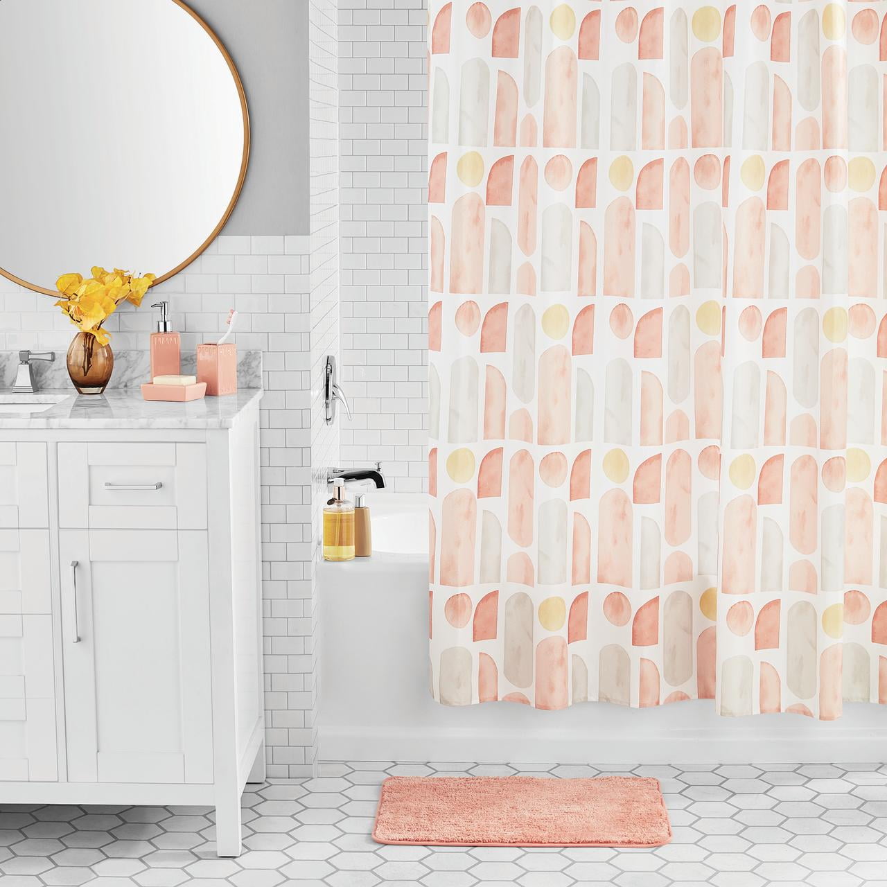 Mainstays 17-Piece Geometric Print Polyester/Ceramic Shower Curtain & Bathroom Accessory Set, Terracotta
