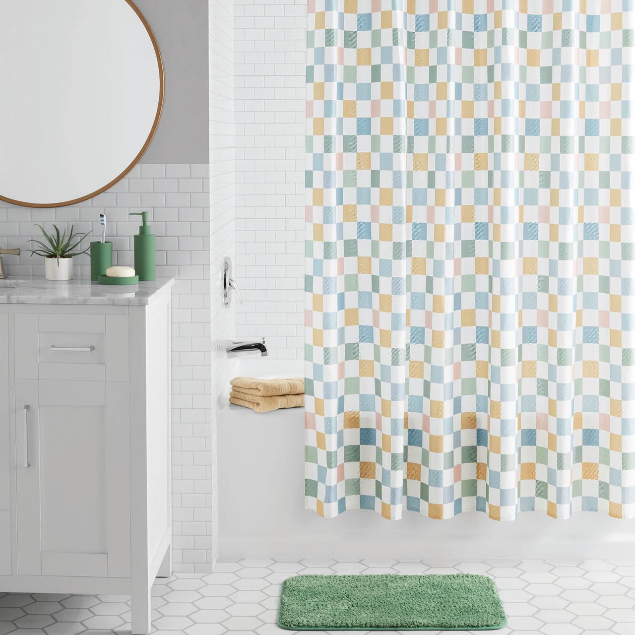 Mainstays 17-Piece Green Checkerboard Polyester/Plastic Shower Curtain & Bathroom Accessory Set