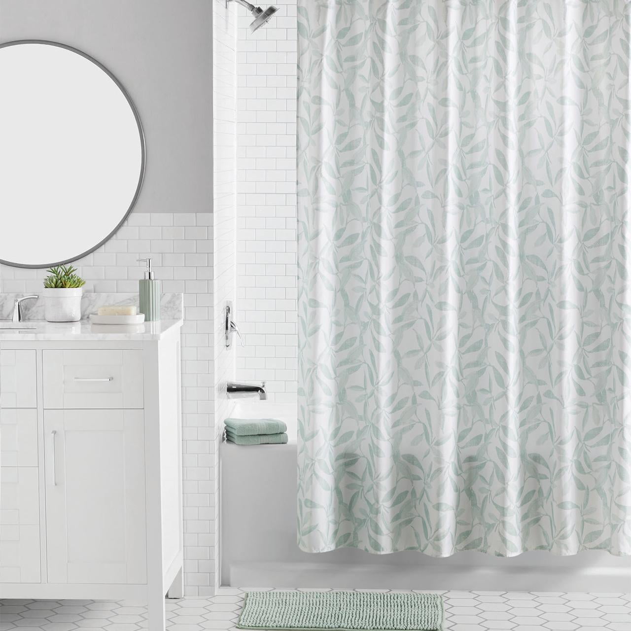 Mainstays 16-Piece Leaf Green Shower Curtain Set with Hooks, Chenille Bath Rug & Bathroom Accessories – Fabric, Standard Size