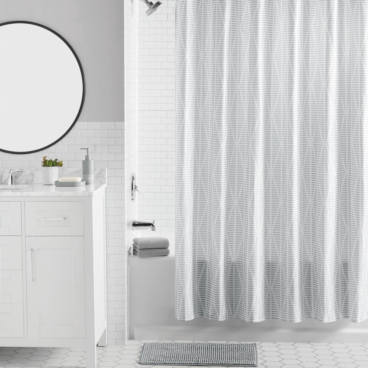 Mainstays 16-Piece Grey Diamond Geo Shower Curtain Bathroom Set – Fabric Curtain with Rug, Hooks, Soap Dispenser & Tray