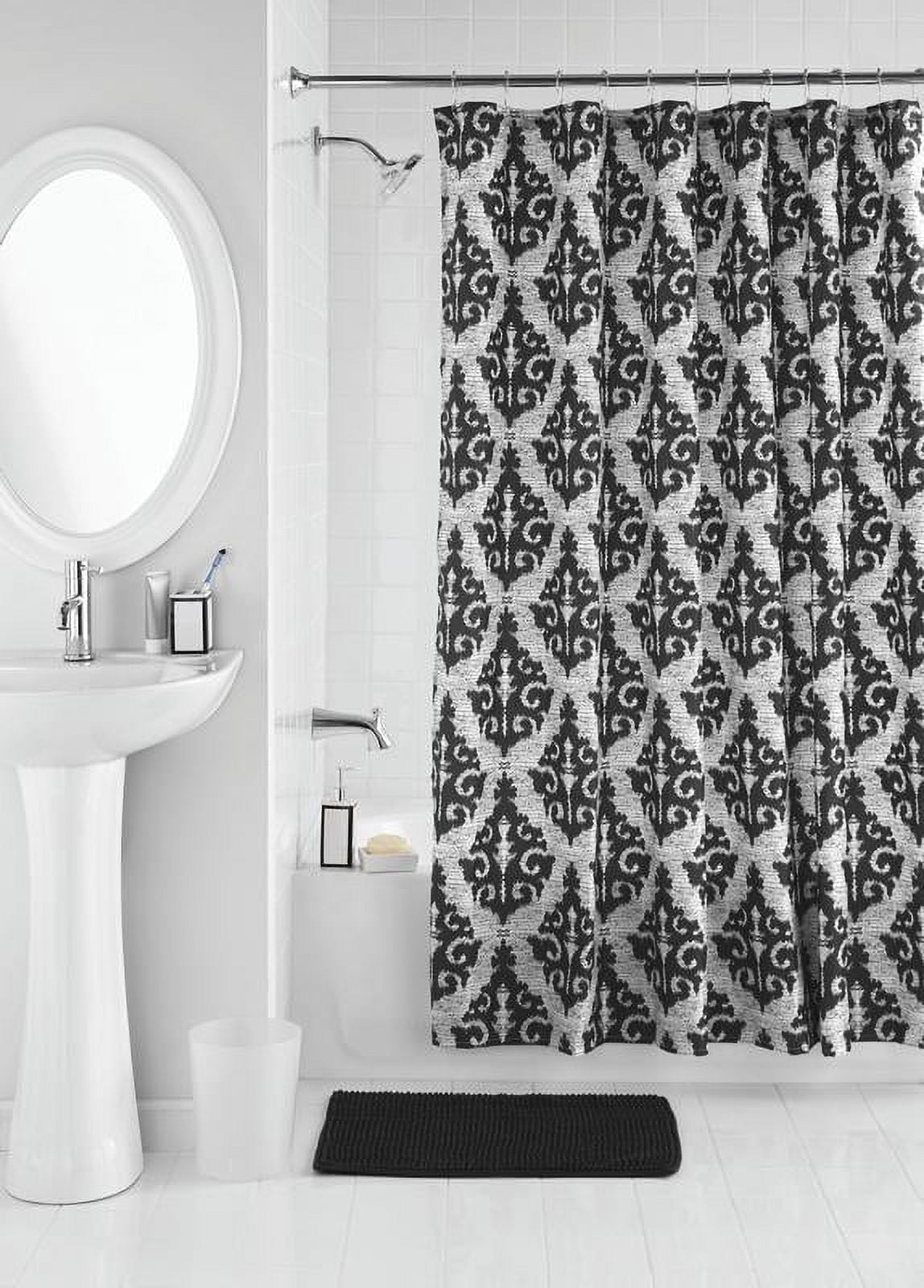 Mainstays 17-Piece Ikat Damask Print Polyester/Ceramic Shower Curtain & Bathroom Accessory Set, Black