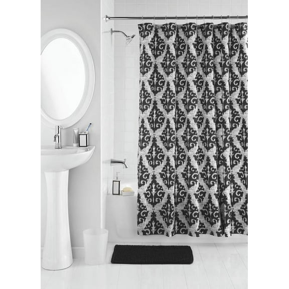 Mainstays 17-Piece Ikat Damask Print Polyester/Ceramic Shower Curtain & Bathroom Accessory Set, Black