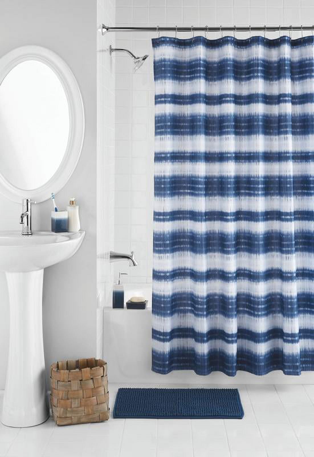 Mainstays 17-Piece Indigo Shibori Stripe Polyester/Ceramic Shower Curtain & Bathroom Accessory Set, Blue Print