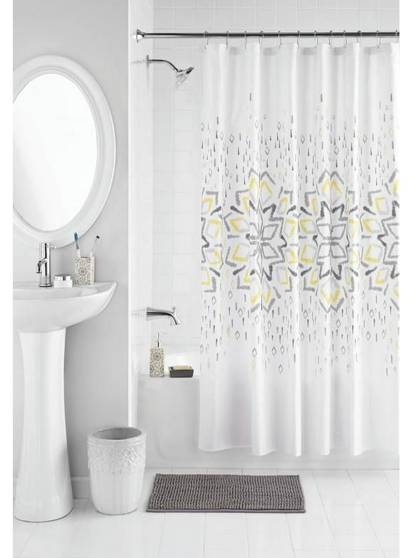 Mainstays 17-Piece Majestic Mandala Polyester/Ceramic Shower Curtain & Bathroom Accessory Set, White Print