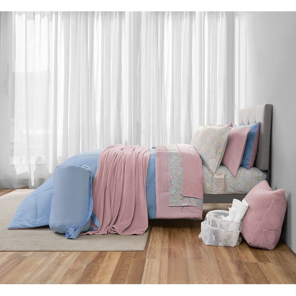 17pc College Dorm Essentials Bundle, Full, Reversible Bed in a Bag Comforter Set, Light Blue and Pink