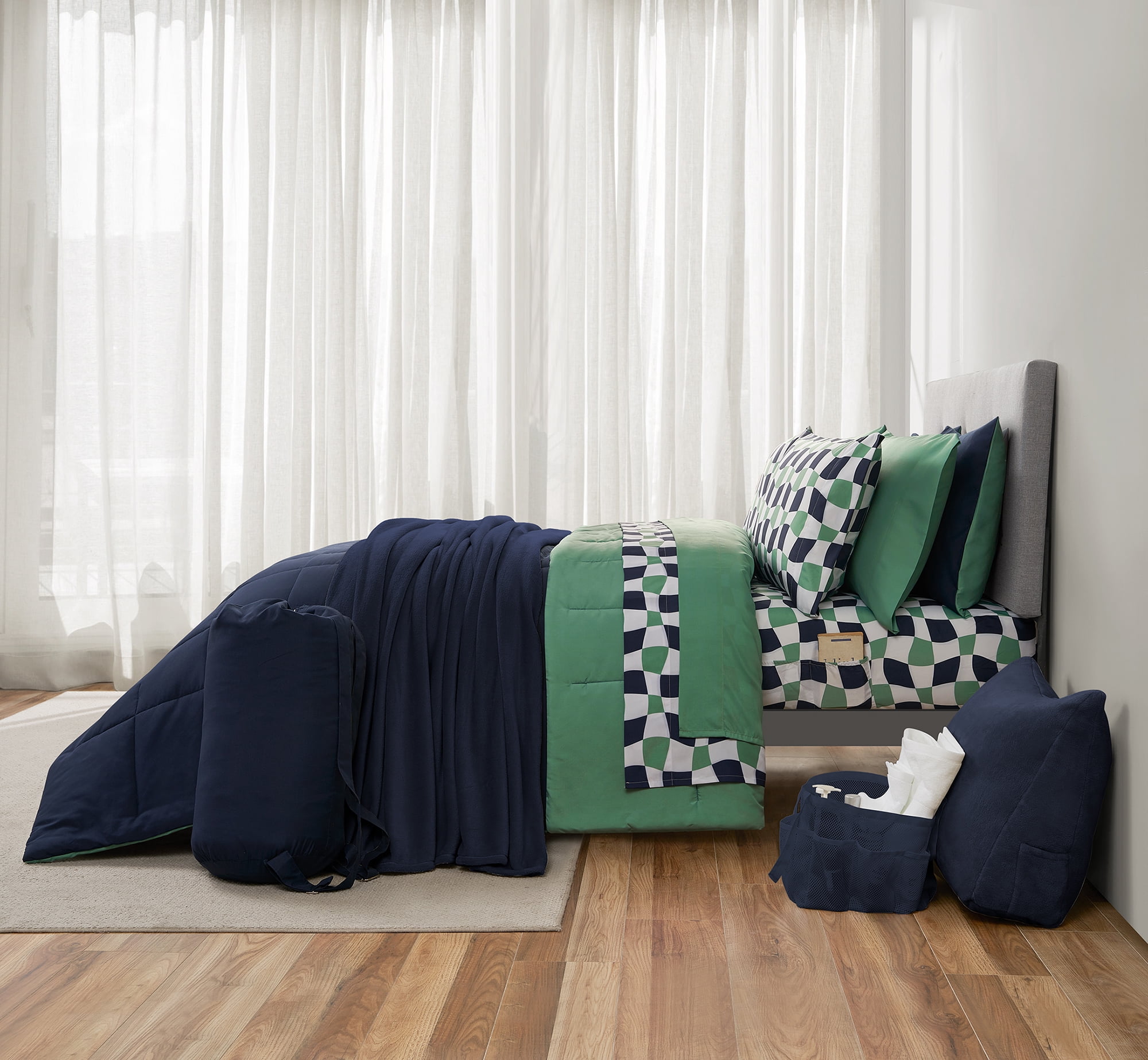 17pc College Dorm Essentials Bundle, Queen, Reversible Bed in a Bag Comforter Set, Navy