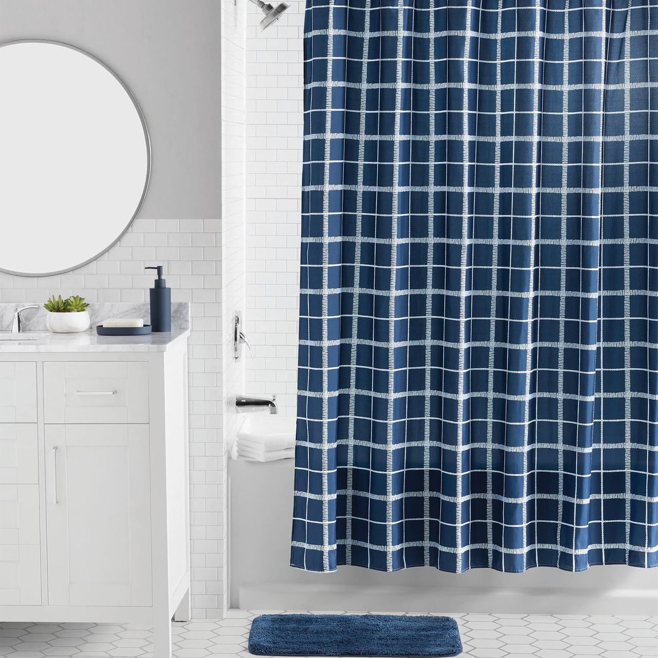 Mainstays 16-Piece Navy Check Shower Curtain Bathroom Set – Fabric Curtain with Rug, Hooks, Soap Dispenser & Accessories