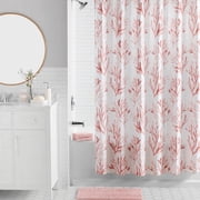 Mainstays 16-Piece Pink Coastal Botanical Shower Curtain Bathroom Set   Fabric Curtain with Rug, Hooks, Soap Dispenser & Tray