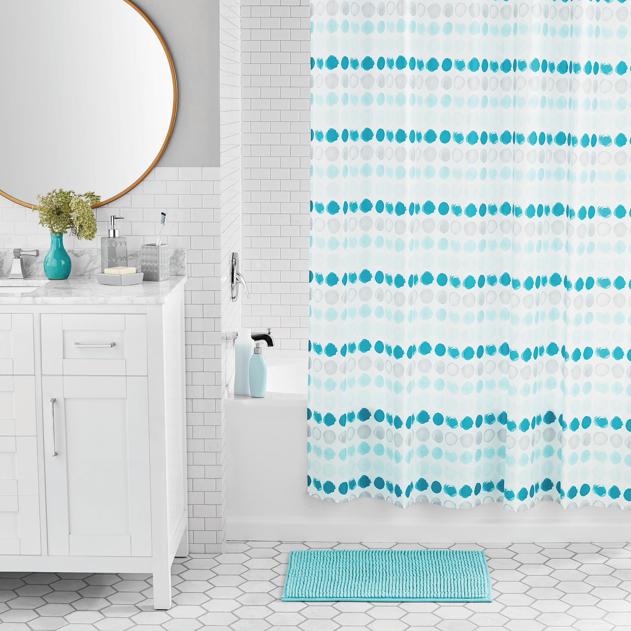 Mainstays 17-Piece Polka Dot Polyester/Ceramic Shower Curtain & Bathroom Accessory Set, Multi-Color