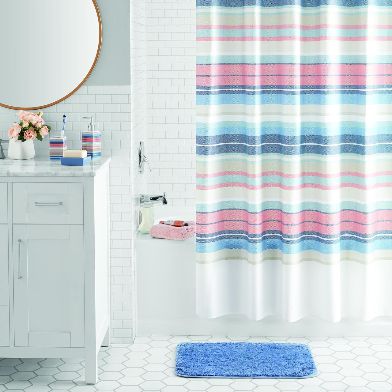 Mainstays 17-Piece Stripe Polyester/Ceramic Shower Curtain & Bathroom Accessory Set, Multi-Color