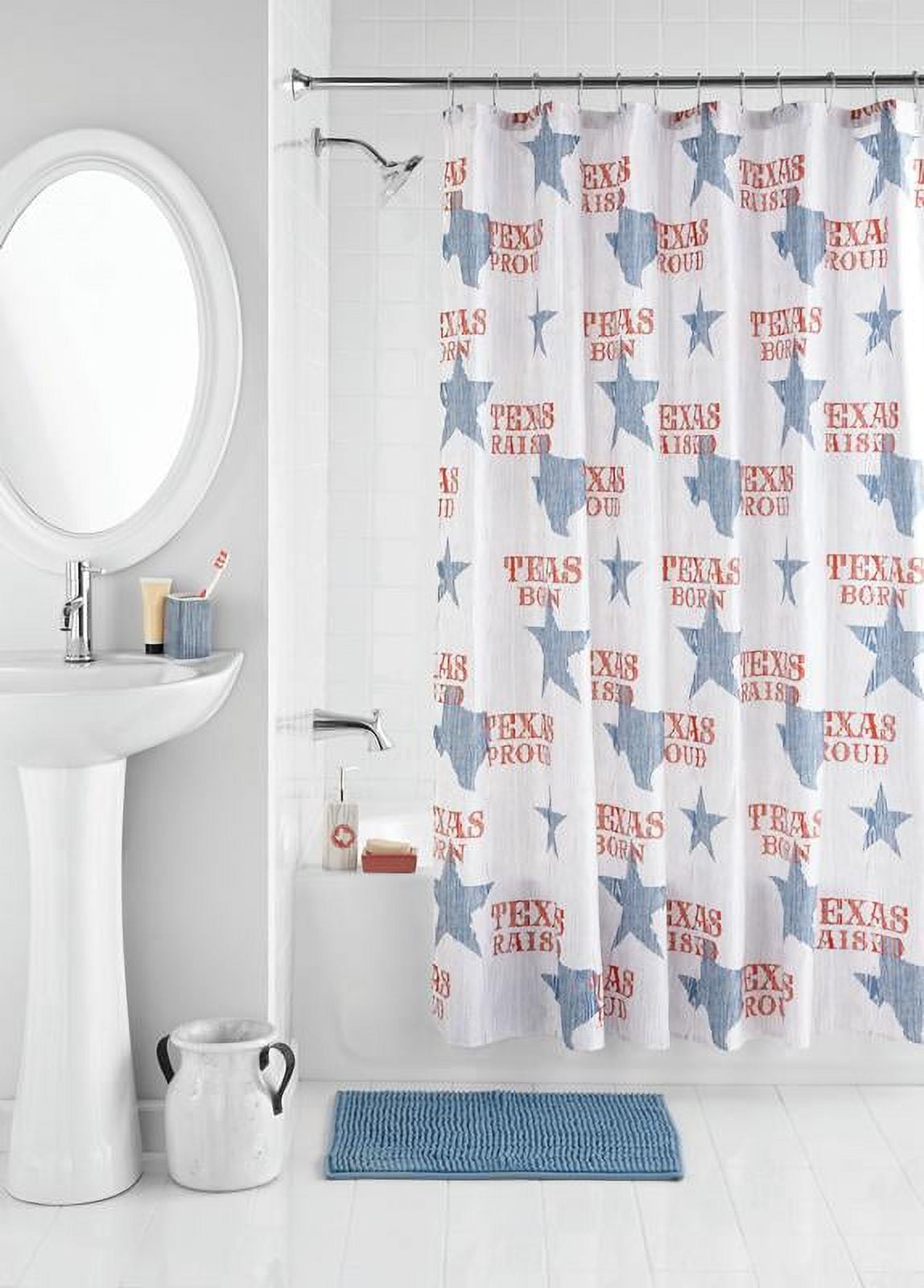 Mainstays 17 Piece Texas Born Polyester Ceramic Shower Curtain Bathroom Accessory Set Red White Blue Print