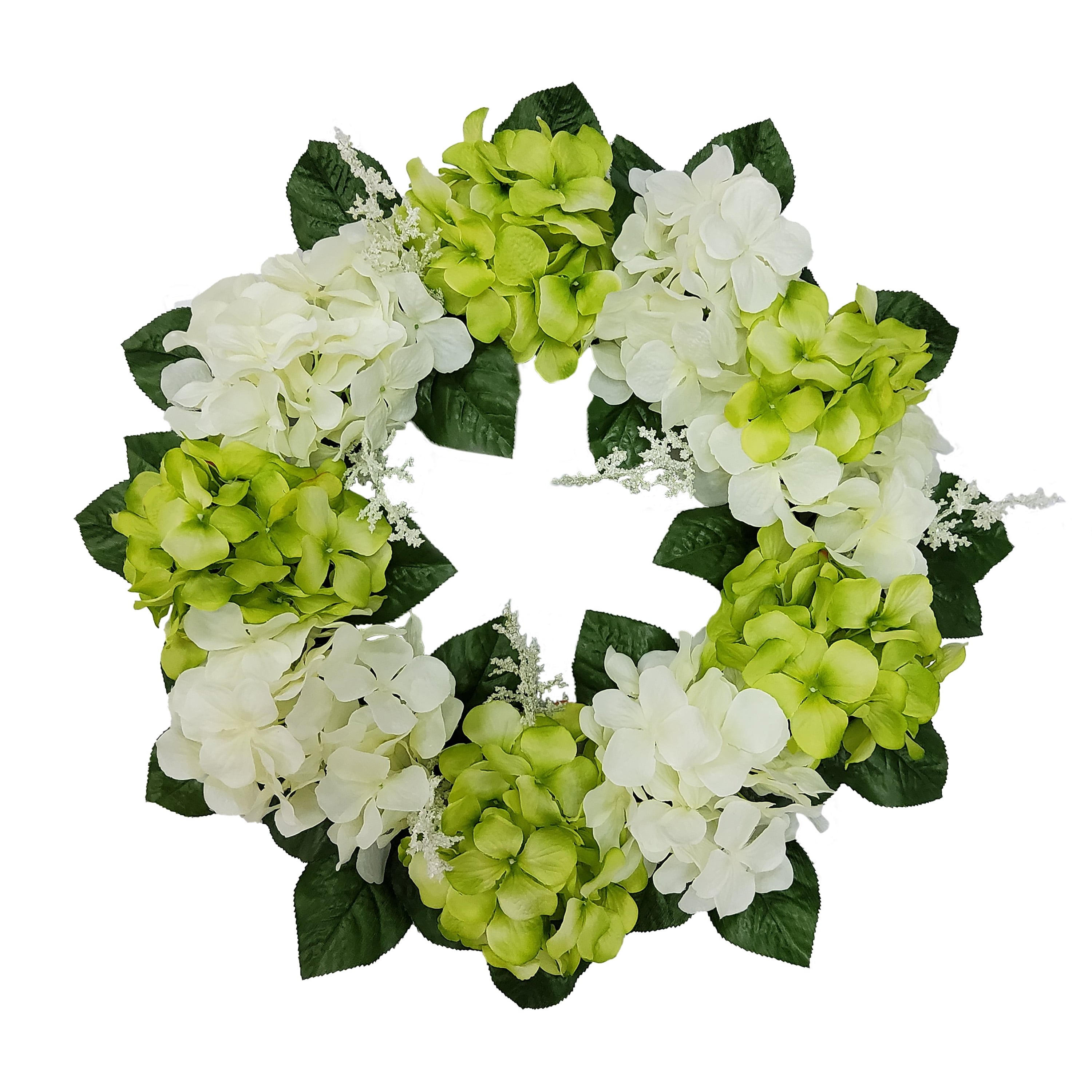 Mainstays 17in Indoor Artificial Hydrangea Wreath, Green Color. Made of Polyester.