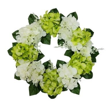 Mainstays 17in Indoor Artificial Hydrangea Wreath, Green Color. Made of Polyester.