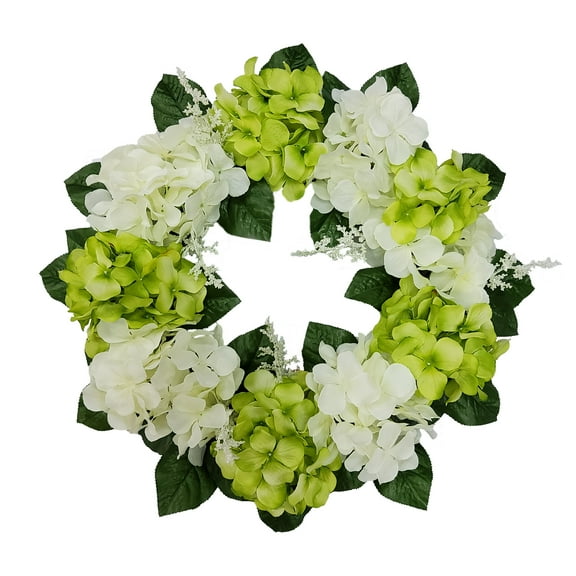 Mainstays 17in Indoor Artificial Hydrangea Wreath, Green Color. Made of Polyester.