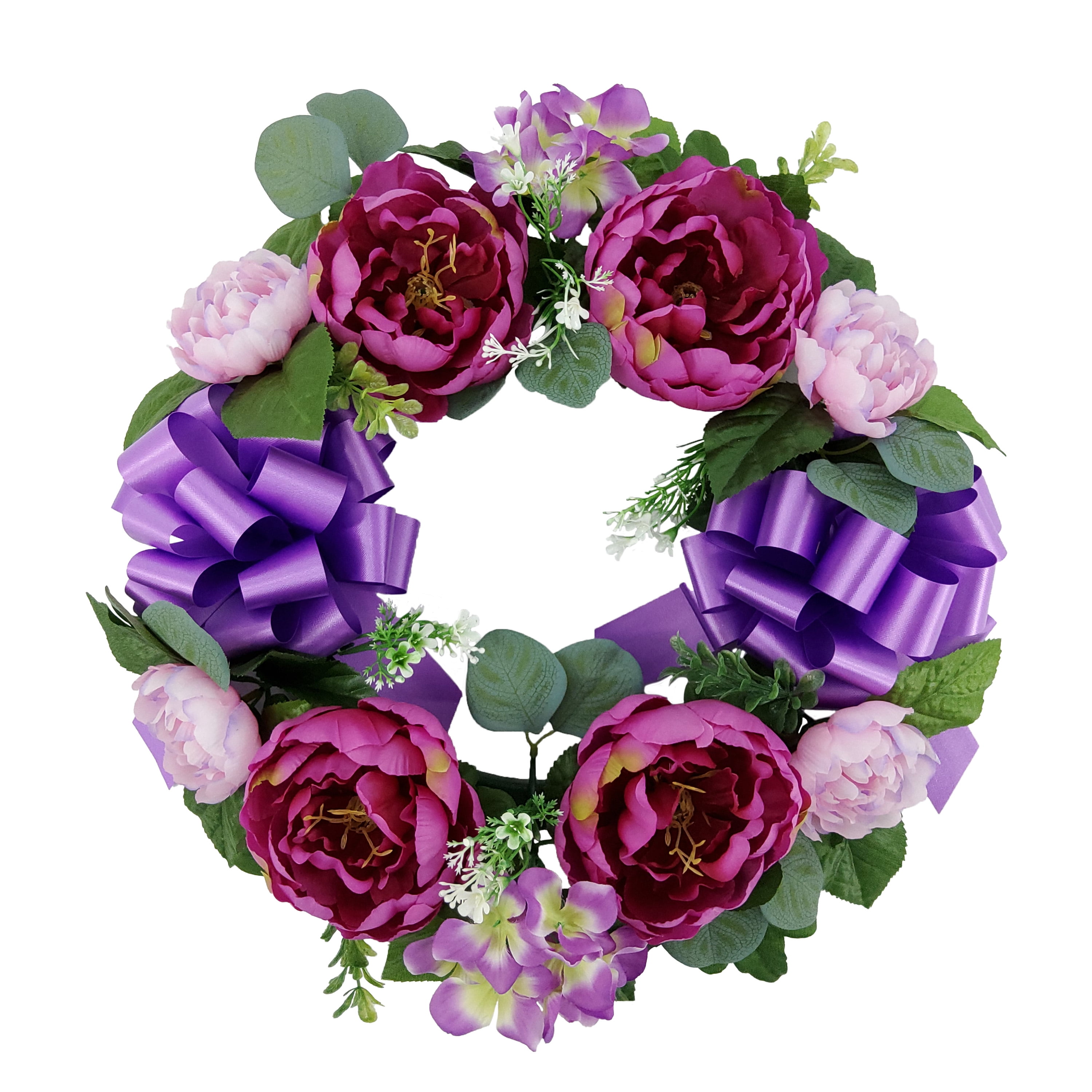 Mainstays 17 in Outdoor Artificial Peony Wreath with Metal Easel, Polyester, Purple