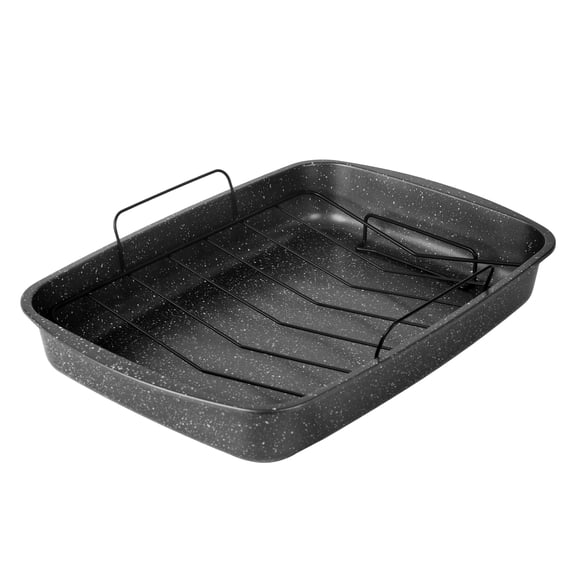 Mainstays 18.9 in Rectangle Roasting Pan with Wire Rack, Nonstick Carbon Steel, Gray Speckle, 0.5 mm