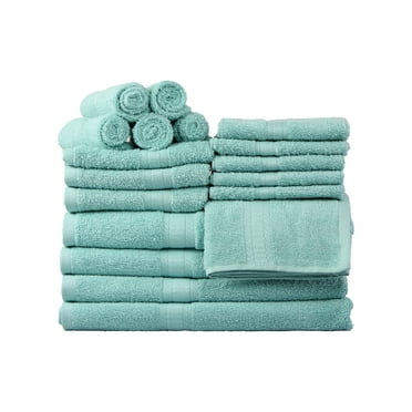 Mainstays 18 Piece 100% Cotton Towel Set, 4 Bath , 4 Hand and 10 Washcloths, Super Soft and Highly Absorbent Basic Solid Towel Set for Bathroom, Hotels, Spa and Gym – Aqua