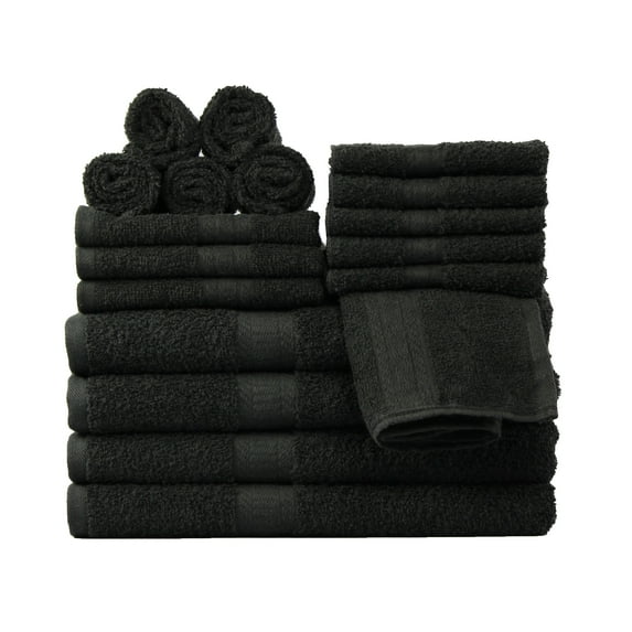 Mainstays 18 Piece 100% Cotton Towel Set, 4 Bath , 4 Hand and 10 Washcloths, Super Soft and Highly Absorbent Basic Solid Towel Set for Bathroom, Hotels, Spa and Gym – Black