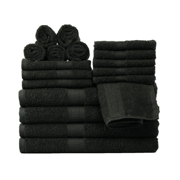 Mainstays 18 Piece 100% Cotton Towel Set, 4 Bath , 4 Hand and 10 Washcloths, Super Soft and Highly Absorbent Basic Solid Towel Set for Bathroom, Hotels, Spa and Gym – Black