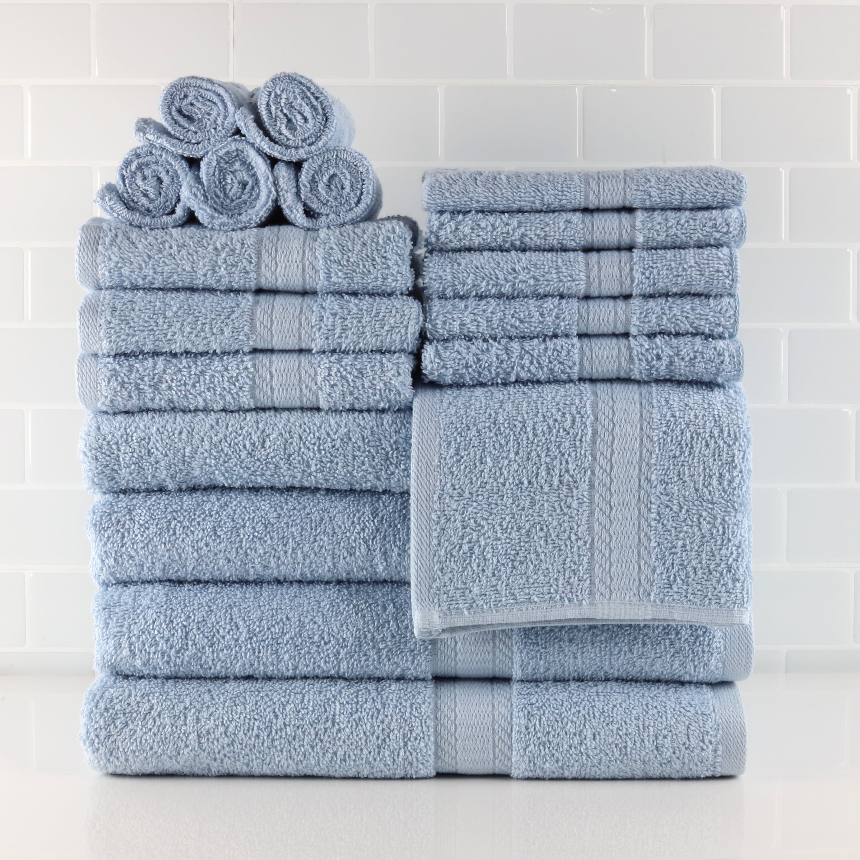 Solid 18-Piece Bath Towel Set, Blue Shell, Mainstays Basic