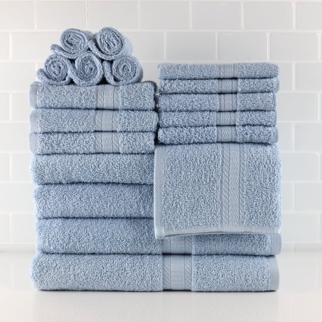 Solid 18-Piece Bath Towel Set, Blue Shell, Mainstays Basic