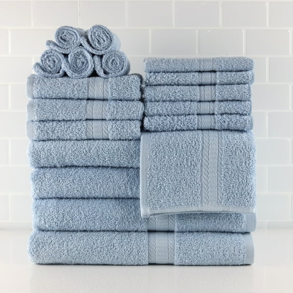 Mainstays 18 Piece 100% Cotton Towel Set, 4 Bath , 4 Hand and 10 Washcloths, Super Soft and Highly Absorbent Basic Solid Towel Set for Bathroom, Hotels, Spa and Gym – Blue