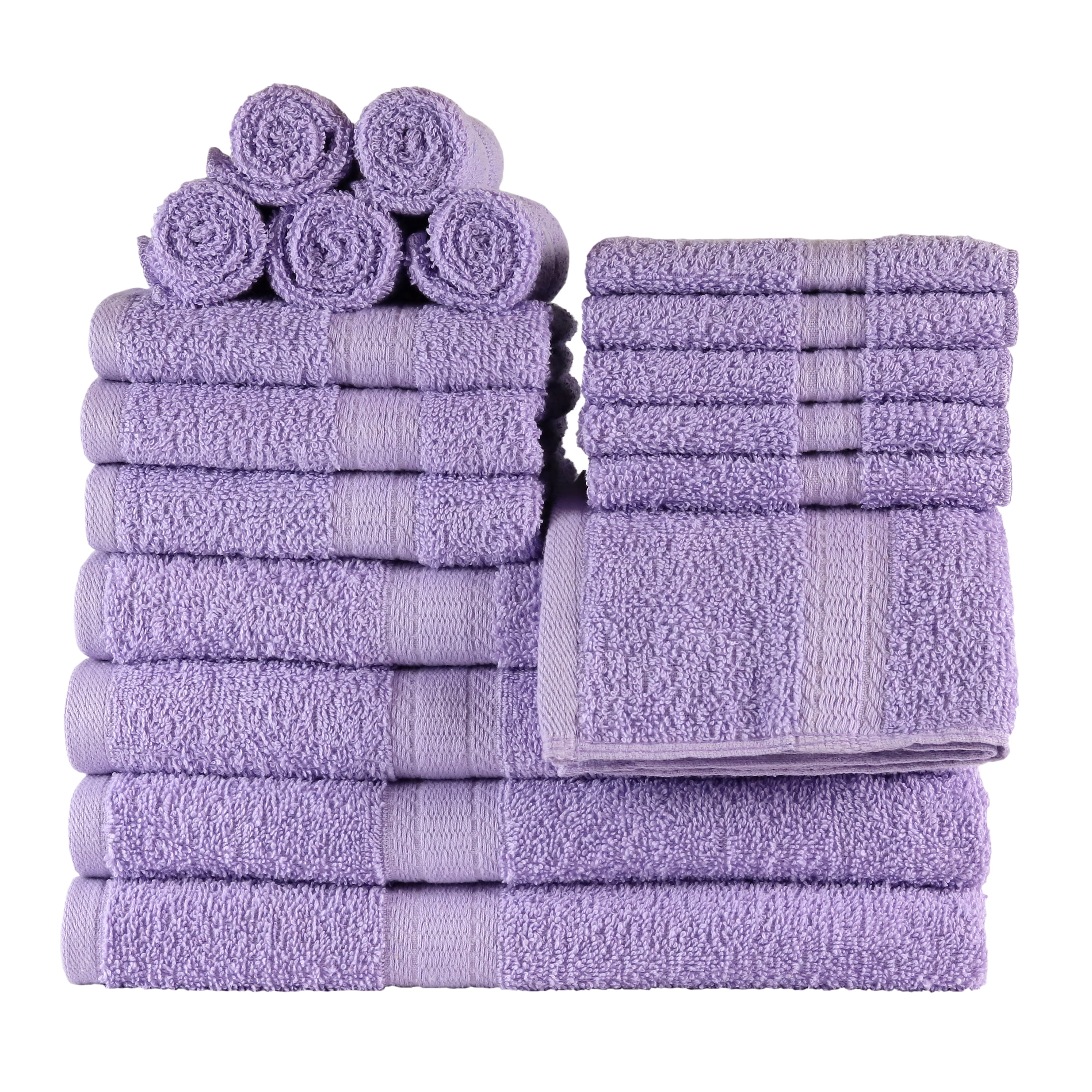 Mainstays 18 Piece 100% Cotton Towel Set, 4 Bath , 4 Hand and 10 Washcloths, Super Soft and Highly Absorbent Basic Solid Towel Set for Bathroom, Hotels, Spa and Gym – Lavender