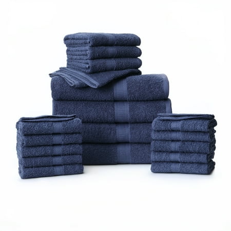Mainstays 18 Piece 100% Cotton Towel Set, 4 Bath , 4 Hand and 10 Washcloths, Super Soft and Highly Absorbent Basic Solid Towel Set for Bathroom, Hotels, Spa and Gym – Navy