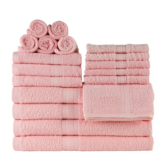 Mainstays 18 Piece 100% Cotton Towel Set, 4 Bath , 4 Hand and 10 Washcloths, Super Soft and Highly Absorbent Basic Solid Towel Set for Bathroom, Hotels, Spa and Gym – Pink