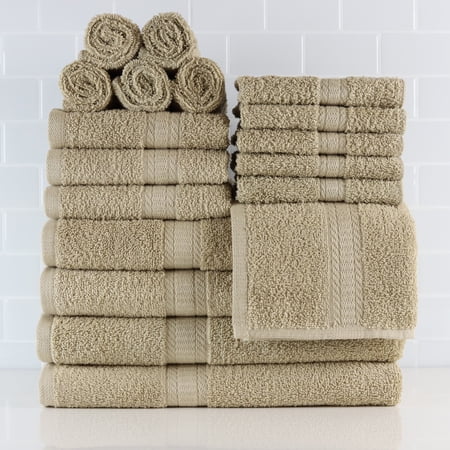 Mainstays 18-Piece 100% Cotton Towel Set, 4 Bath Towels, 4 Hand Towels, 10 Washcloths, Tan