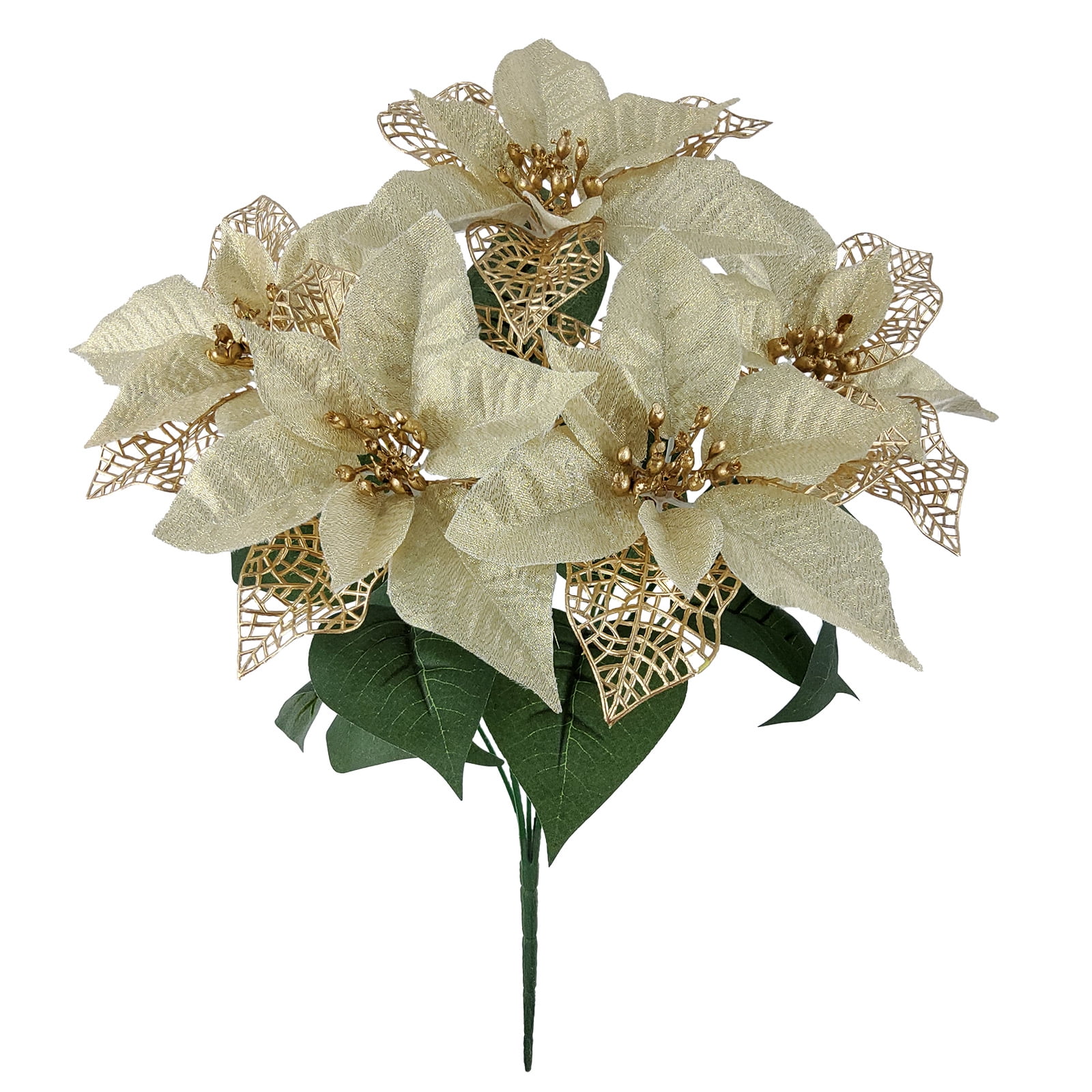 Mainstays 18 in Indoor Artificial Poinesttia Bush, Cream Color Flowers with Gold Leaves.