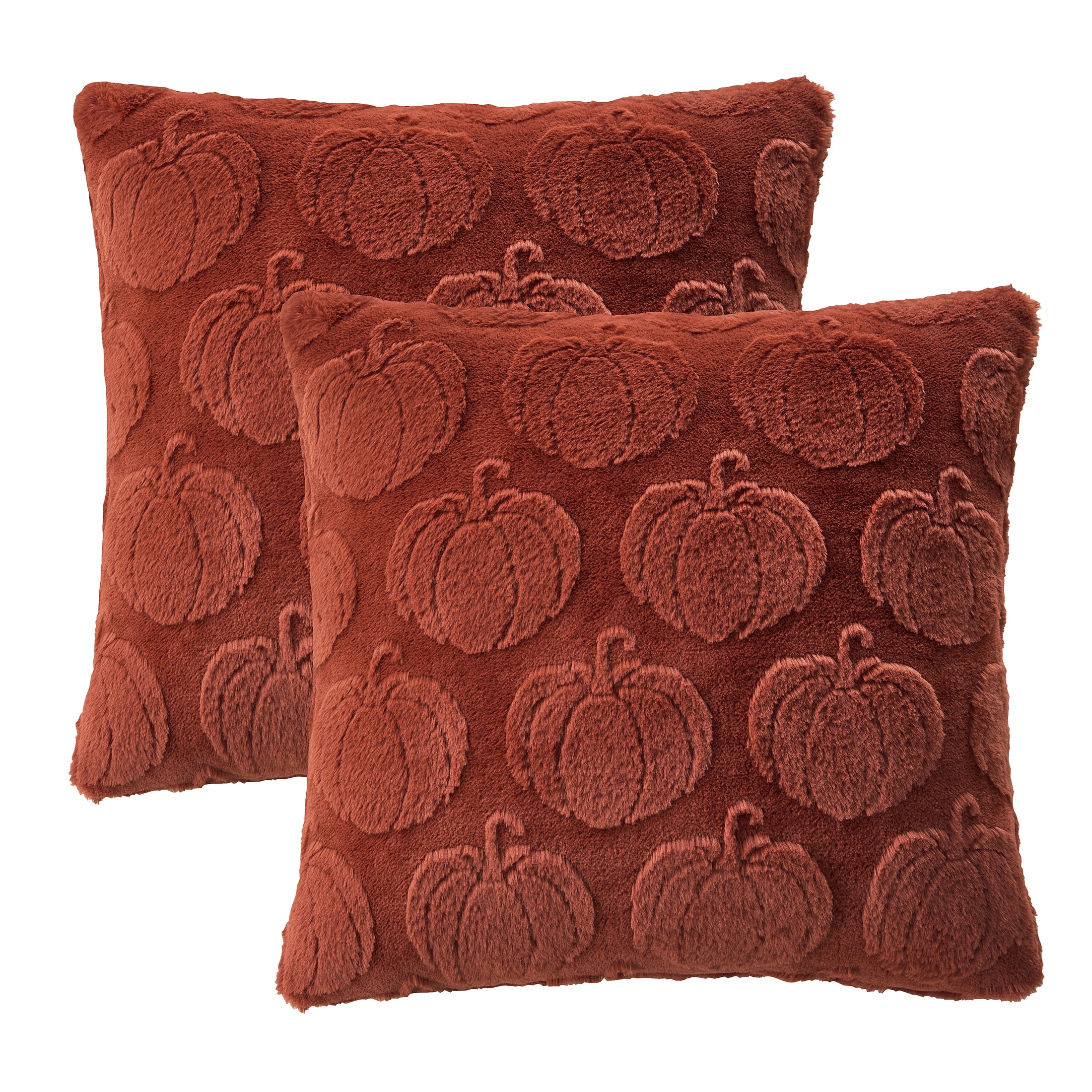 Mainstays 18" x 18" Orange Carved Faux Fur Pumpkin Decorative Pillows (2 Count)