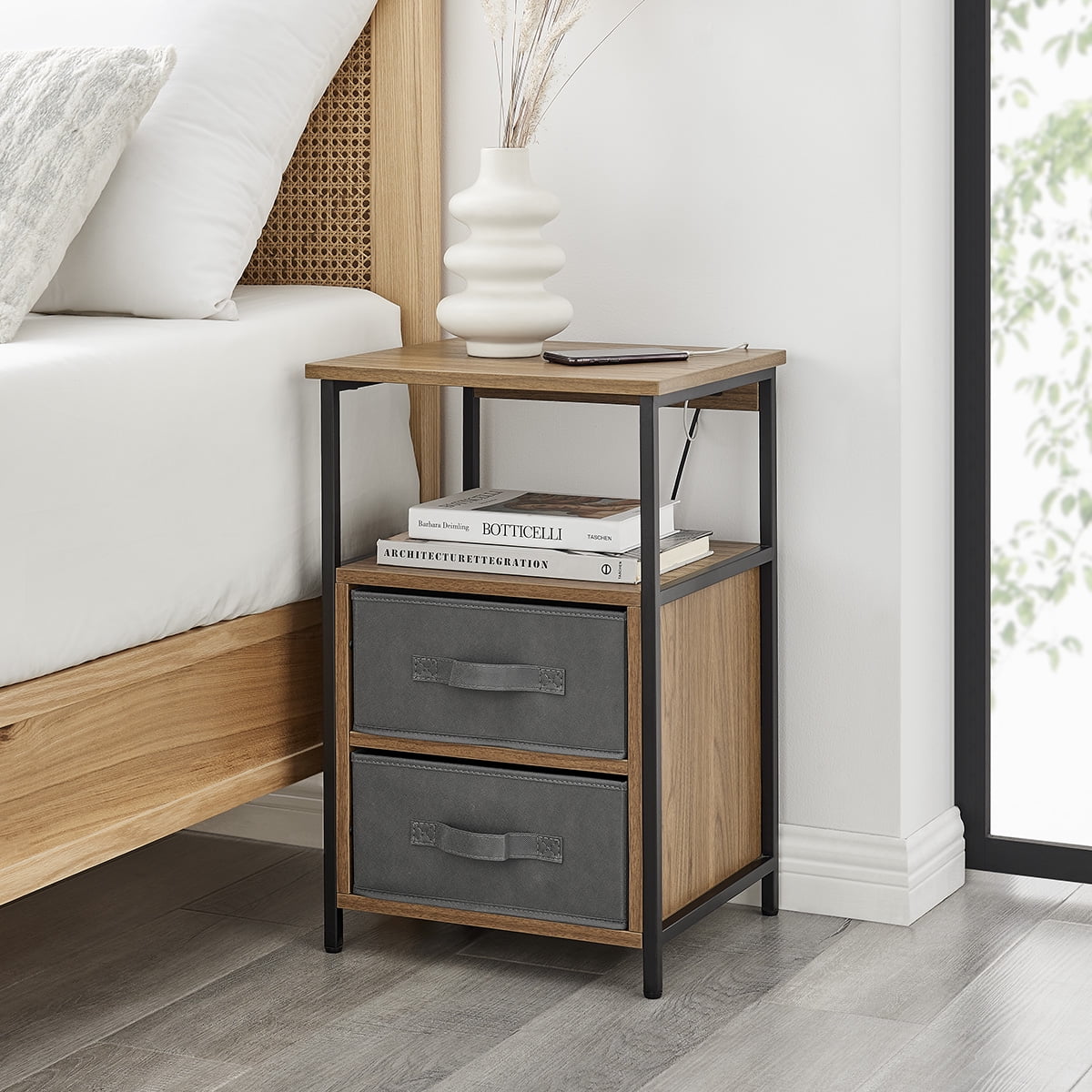 2-Drawer Nightstand with Removable Fabric Bins, Sturdy Iron Frame