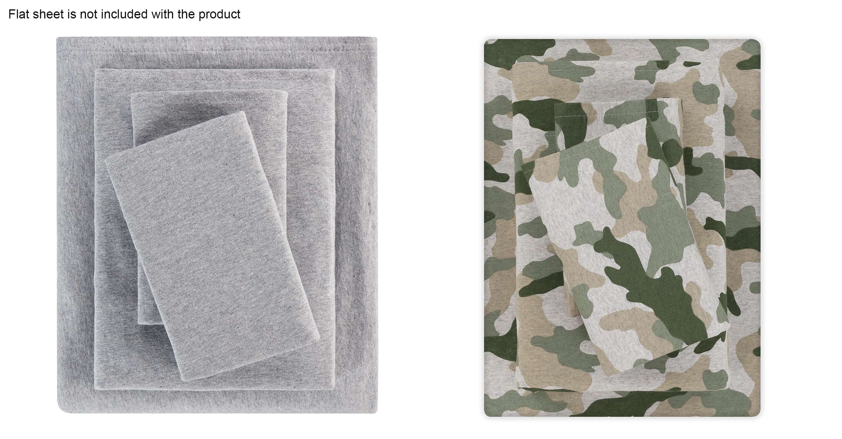 Mainstays 2 Pack Jersey Adult Fitted Sheet Set, Cotton Blended, Gray & Camo, Twin-XL, 4Pieces