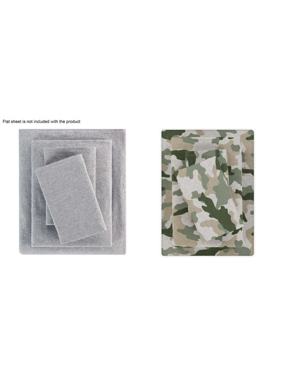 Mainstays 2 Pack Jersey Adult Fitted Sheet Set, Cotton Blended, Gray & Camo, Twin-XL, 4Pieces