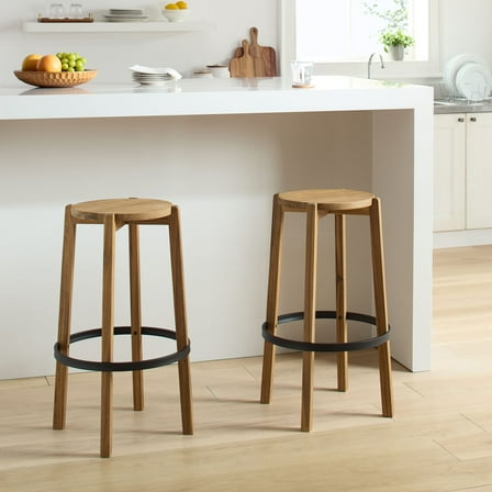 Mainstays 2-Pack Modern Wood Backless Indoor Barstool with Black Foot Ring, 29"H