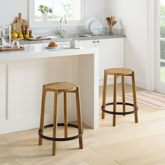 Mainstays 2-Pack Modern Wood Backless Indoor Counter Stool with Black Footring, 24"H
