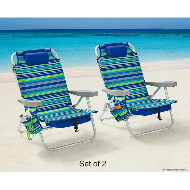 Mainstays 2Pack Reclining Beach & Event LayFlat Backpack Chair, Blue & Green Stripe